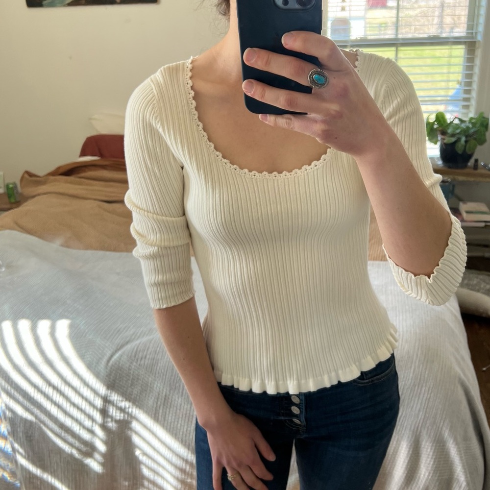 Vintage cream ribbed scoop neck sweater
